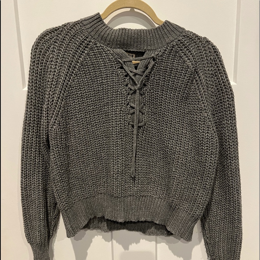 gray lace-up tie sweater